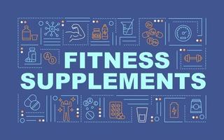 Sports supplements word concepts blue banner. Healthy lifestyle. Infographics with linear icons on background. Isolated typography. Vector outline color illustration with text. Arial-Black font used