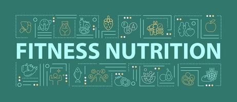 Nutrition for athletes word concepts green banner. Sports diet. Infographics with linear icons on background. Isolated typography. Vector outline color illustration with text. Arial-Black font used