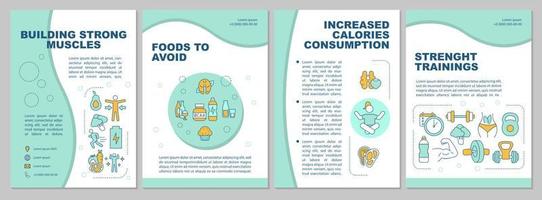 Plantilla de folleto de menta con consejos para desarrollar músculos fuertes. diseño de impresión de folletos con iconos lineales. diseños vectoriales para presentación, informes anuales, anuncios. arial, innumerables fuentes pro-regulares utilizadas vector