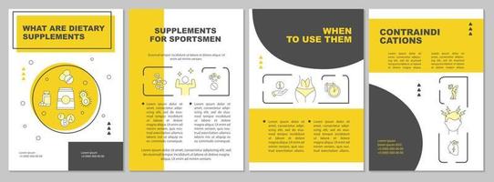 plantilla de folleto amarillo de suplementos dietéticos. estilo de vida en forma. diseño de impresión de folletos con iconos lineales. diseños vectoriales para presentación, informes anuales, anuncios. arial, innumerables fuentes pro-regulares utilizadas vector