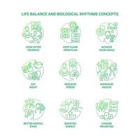 Life balance and biological rhythms green gradient concept icons set. Healthy life idea thin line color illustrations. Isolated outline drawings. Roboto-Medium, Myriad Pro-Bold fonts used vector