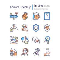 Annual checkup RGB color icons set. Physical examination. Medical testing and screening. Prevent illness. Isolated vector illustrations. Simple filled line drawings collection. Editable stroke