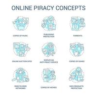 Online piracy blue concept icons set. Copyrighted content idea thin line color illustrations. Copies of music. Anti-piracy service. Torrents usage. Vector isolated outline drawings. Editable stroke