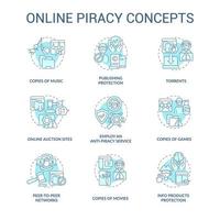 Online piracy blue concept icons set. Copyrighted content idea thin line color illustrations. Copies of music. Anti-piracy service. Torrents usage. Vector isolated outline drawings. Editable stroke