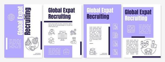 Global expat recruiting purple brochure template. Hiring abroad. Flyer, booklet, leaflet print, cover design with linear icons. Vector layouts for presentation, annual reports, advertisement pages