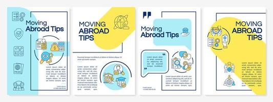 Moving abroad tips yellow, blue brochure template. Flyer, booklet, leaflet print, cover design with linear icons. Vector layouts for presentation, annual reports, advertisement pages