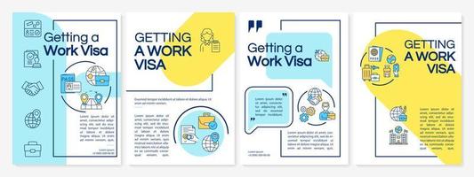 Getting work visa yellow, blue brochure template. Live abroad. Flyer, booklet, leaflet print, cover design with linear icons. Vector layouts for presentation, annual reports, advertisement pages