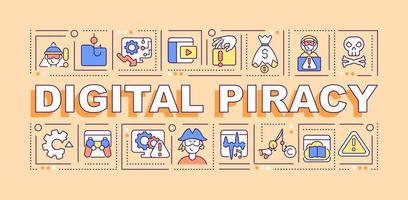 banner de conceptos de palabras de piratería digital. delito de propiedad intelectual. infografías con iconos lineales sobre fondo naranja. tipografía creativa aislada. ilustración de color de contorno vectorial con texto vector