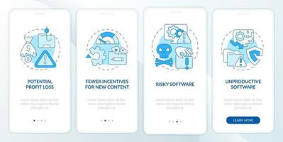 Cons of online piracy onboarding mobile app page screen. Risky program walkthrough 4 steps graphic instructions with concepts. UI, UX, GUI vector template with linear color illustrations