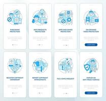 Intellectual property rights onboarding mobile app page screen set. Copyright walkthrough 4 steps graphic instructions with concepts. UI, UX, GUI vector template with linear color illustrations