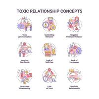 Toxic relationship concept icons set. Manipulative partner. Trust and support lack. Abusive cohabitation idea thin line color illustrations. Vector isolated outline drawings. Editable stroke