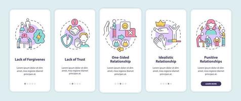 Toxic relationships types onboarding mobile app page screen. Punitive and idealistic walkthrough 5 steps graphic instructions with concepts. UI, UX, GUI vector template with linear color illustrations