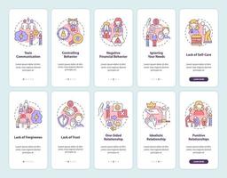 Toxic relationship onboarding mobile app page screen. Abusive and selfish partner walkthrough 5 steps graphic instructions with concepts. UI, UX, GUI vector template with linear color illustrations