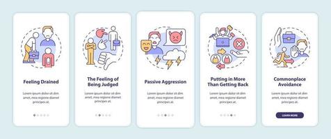 Toxic relationships at work onboarding mobile app page screen. Passive aggression walkthrough 5 steps graphic instructions with concepts. UI, UX, GUI vector template with linear color illustrations