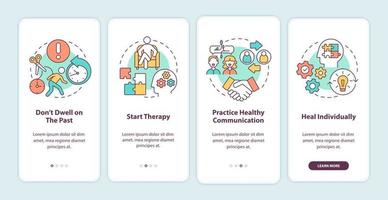 Moving forward onboarding mobile app page screen. Therapy and healthy communication walkthrough 4 steps graphic instructions with concepts. UI, UX, GUI vector template with linear color illustrations