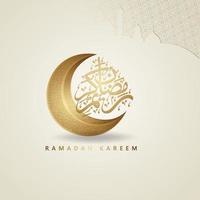 Luxurious design ramadan kareem with arabic calligraphy, crescent moon, traditional lantern and mosque pattern texture islamic background. Vector illustration.