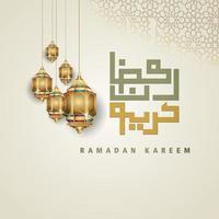 Luxurious design ramadan kareem with arabic calligraphy, crescent moon, traditional lantern and mosque pattern texture islamic background. Vector illustration.