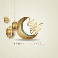 Luxurious design ramadan kareem with arabic calligraphy, crescent moon, traditional lantern and mosque pattern texture islamic background. Vector illustration.