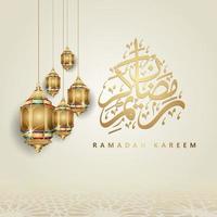 diseño lujoso ramadan kareem con caligrafía árabe, luna creciente, linterna tradicional y fondo islámico de textura de patrón de mezquita. ilustración vectorial vector