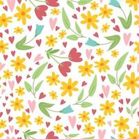 Cute floral Easter spring seamless pattern with simple doodle flowers, leaves and hearts on white background. Hand drawn vector springtime texture