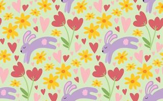 Cute Easter seamless pattern with childish simple doodle flowers, leaves, hearts and bunny rabbit on green background. Hand drawn vector springtime background texture.