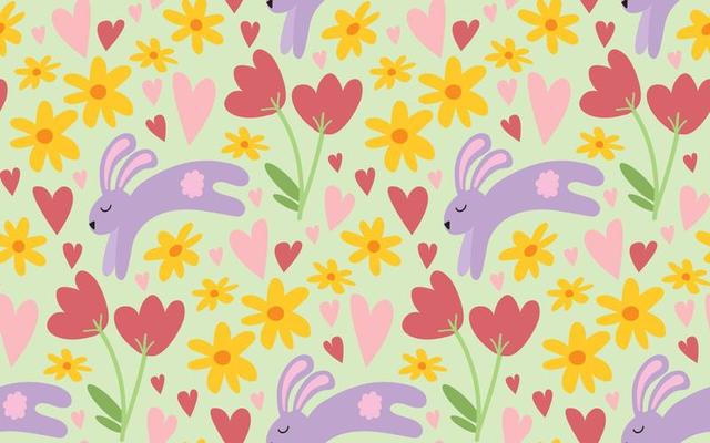 Cute Easter seamless pattern with childish simple doodle flowers, leaves, hearts and bunny rabbit on green background. Hand drawn vector springtime background texture.