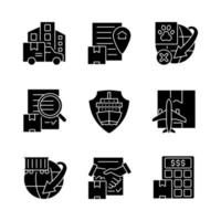 International logistics business black glyph icons set on white space. Global transportation service. Professional cargoes delivering. Silhouette symbols. Vector isolated illustration