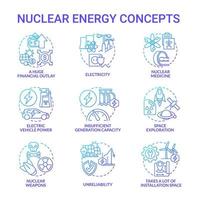 Nuclear energy blue gradient concept icons set. Innovative nuclear technology idea thin line color illustrations. Unreliability. Huge financial outlay. Vector isolated outline drawings