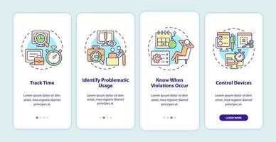Benefits of employee monitoring onboarding mobile app page screen. Work tracking walkthrough 4 steps graphic instructions with concepts. UI, UX, GUI vector template with linear color illustrations