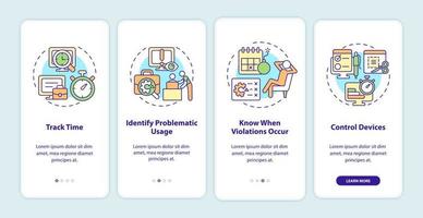 Benefits of employee monitoring onboarding mobile app page screen. Work tracking walkthrough 4 steps graphic instructions with concepts. UI, UX, GUI vector template with linear color illustrations