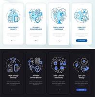 Nuclear power pros onboarding mobile app page screen. Energy density walkthrough 4 steps graphic instructions with concepts. UI, UX, GUI vector template with linear night and day mode illustrations