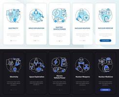 pantalla de la página de la aplicación móvil de incorporación de uso de energía nuclear. tutorial de electricidad 5 pasos instrucciones gráficas con conceptos. ui, ux, plantilla vectorial gui con ilustraciones lineales en modo día y noche vector