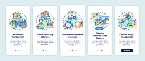 Employee monitoring advantages onboarding mobile app page screen. Work tracking walkthrough 5 steps graphic instructions with concepts. UI, UX, GUI vector template with linear color illustrations