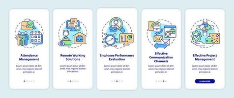 Employee monitoring advantages onboarding mobile app page screen. Work tracking walkthrough 5 steps graphic instructions with concepts. UI, UX, GUI vector template with linear color illustrations