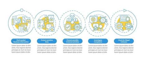 plantilla infográfica vectorial de usos legales de vigilancia. elementos de diseño de esquema de presentación de seguimiento de trabajo. visualización de datos con 5 pasos. gráfico de información de la línea de tiempo del proceso. diseño de flujo de trabajo con iconos de línea vector