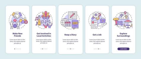 Adjusting to living abroad onboarding mobile app page screen. Migrate abroad walkthrough 5 steps graphic instructions with concepts. UI, UX, GUI vector template with linear color illustrations