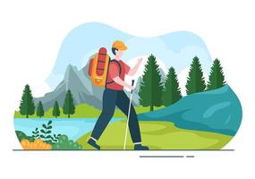 tour de aventura sobre el tema de la escalada, el trekking, el senderismo, la caminata o las vacaciones con vistas al bosque y la montaña en la ilustración de un póster de fondo plano de la naturaleza vector