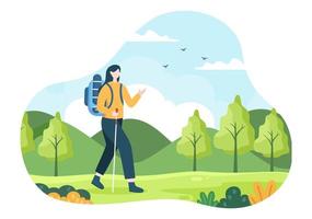 tour de aventura sobre el tema de la escalada, el trekking, el senderismo, la caminata o las vacaciones con vistas al bosque y la montaña en la ilustración de un póster de fondo plano de la naturaleza vector