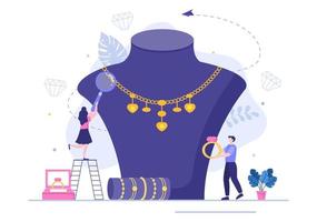 los joyeros fabrican accesorios de joyería como collares, aretes y pulseras de gemas en una ilustración de estilo plano para el fondo del afiche vector