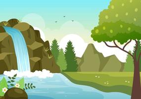 Waterfall Jungle Landscape of Tropical Natural Scenery with Cascade of Rocks, River Streams or Rocky Cliff in Flat Background Vector Illustration