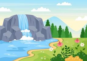 Waterfall Jungle Landscape of Tropical Natural Scenery with Cascade of Rocks, River Streams or Rocky Cliff in Flat Background Vector Illustration
