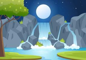 Waterfall Jungle Landscape of Tropical Natural Scenery with Cascade of Rocks, River Streams or Rocky Cliff in Flat Background Vector Illustration