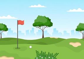 jugar al golf con banderas, suelo de arena, búnker de arena y equipo en plantas verdes de patio al aire libre en una ilustración de fondo de caricatura plana vector