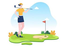 jugar al golf con banderas, suelo de arena, búnker de arena y equipo en plantas verdes de patio al aire libre en una ilustración de fondo de caricatura plana vector