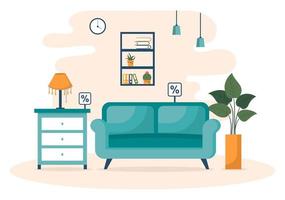 Home Furniture Store Flat Design Illustration for the Living Room to be Comfortable Like a Sofa, Desk, Cupboard, Lights, Plants and Wall Hangings vector
