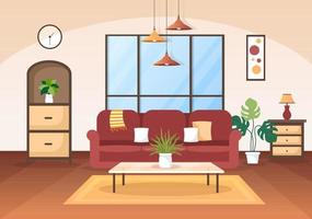 Home Furniture Flat Design Illustration for the Living Room to be Comfortable Like a Sofa, Desk, Cupboard, Lights, Plants and Wall Hangings vector