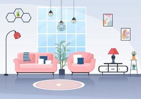 ilustración de diseño plano de muebles para el hogar para que la sala de estar sea cómoda como un sofá, escritorio, armario, luces, plantas y tapices vector