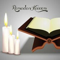 Open holy Islamic religious book Quran Shareef with wax on shiny white background.Vector vector