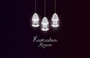 Ramadan Kareem greeting card design with lanterns lamp on dark black background vector