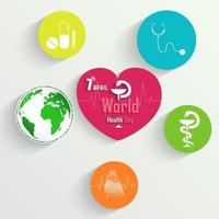Sticker with medical tools, medicine and globe for World Health Day concept.Vector vector